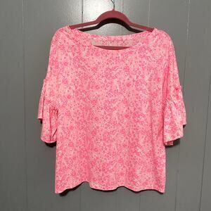 Lilly Pulitzer Pink Shandy Invest A Gator Ziva Bell Sleeve Preppy Relaxed Top XL